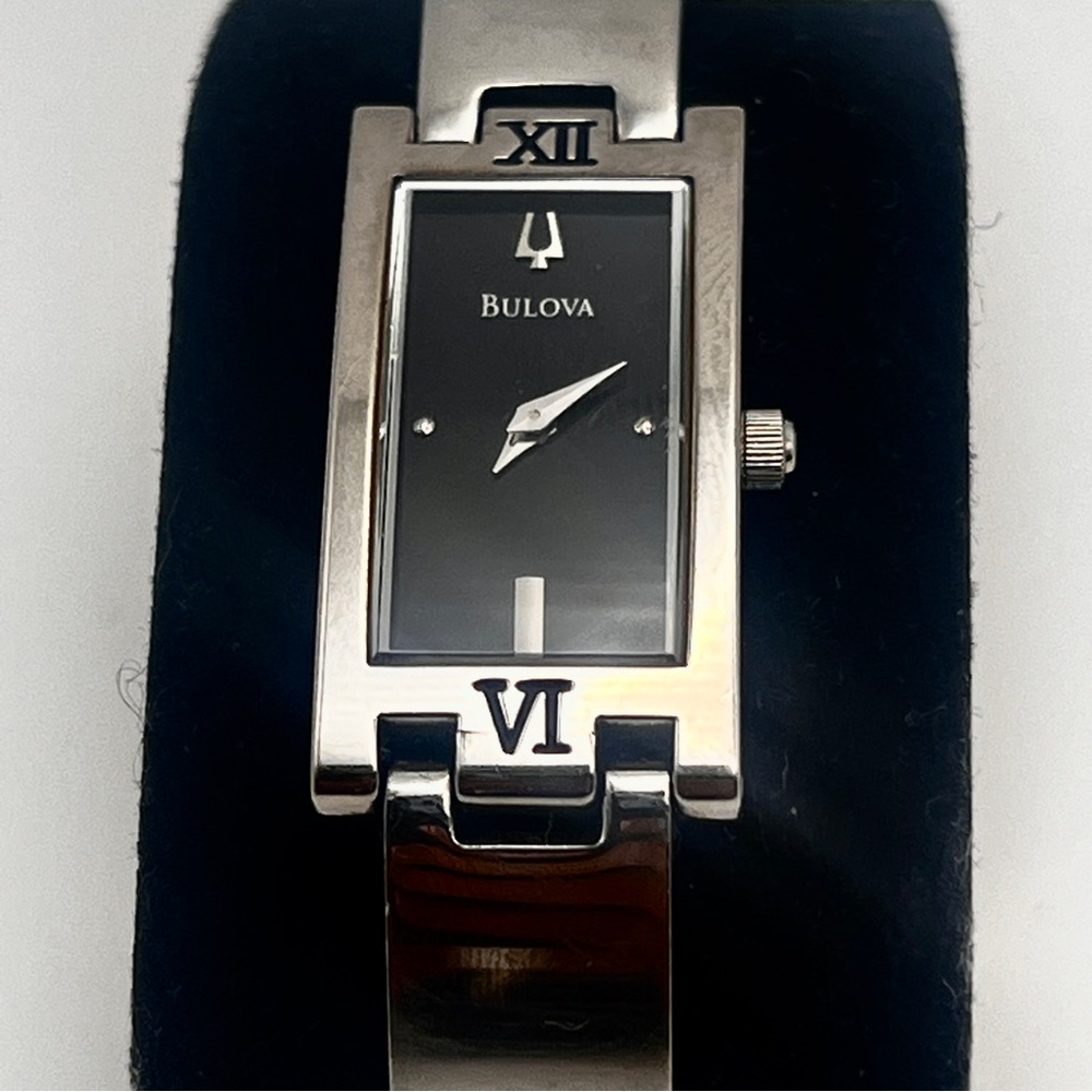 Bulova Womens Watch Silver Tone Rectangle Black Dial 6.25" New Battery